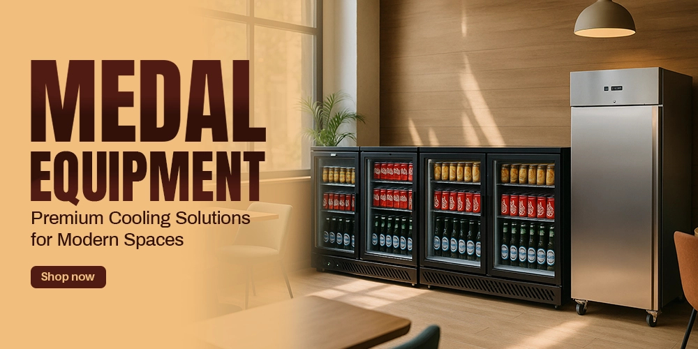 Banner displaying Lava Inox display fridges with curved glass design, perfect for showcasing bakery items, drinks, and desserts in style.